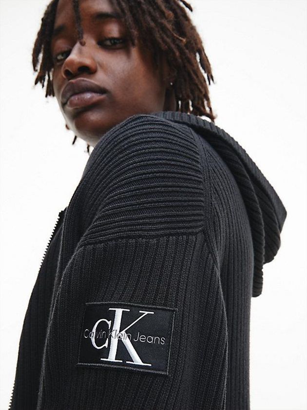 Black Calvin Klein Zip Up Hooded Cardigan Men Sweater | VKCD-91452