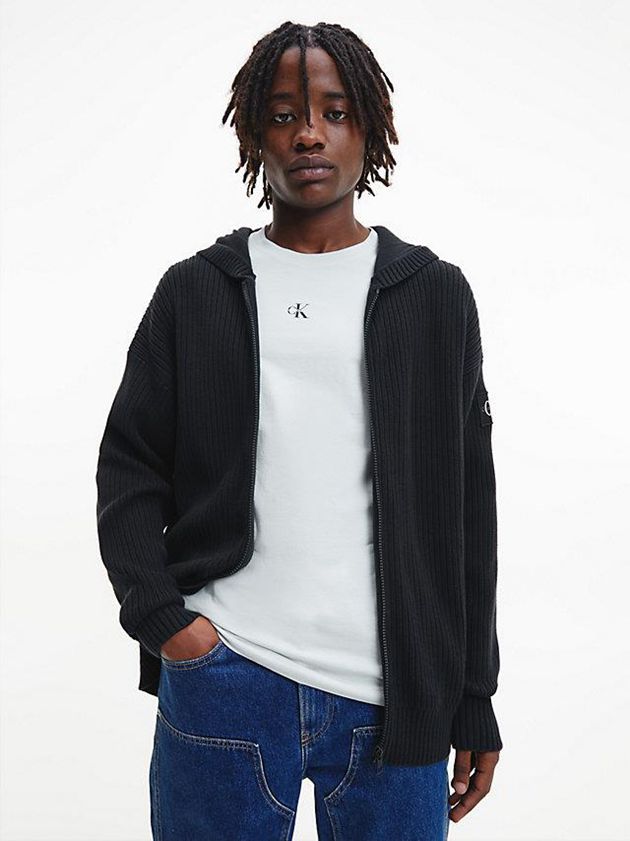 Black Calvin Klein Zip Up Hooded Cardigan Men Sweater | VKCD-91452