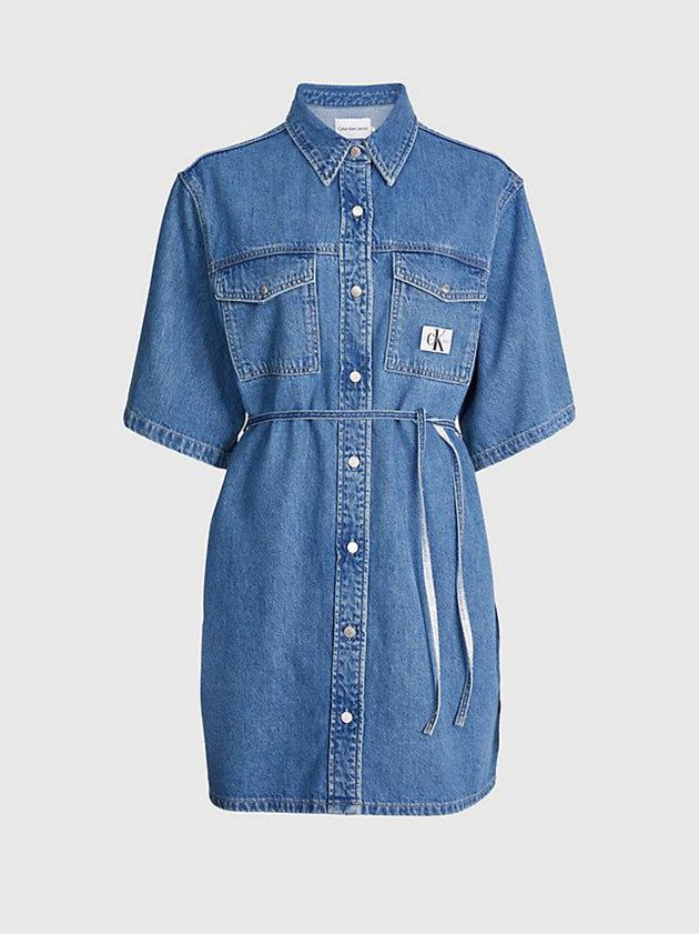 Blue Calvin Klein Belted Denim Shirt Women Dress | DEZH-76508