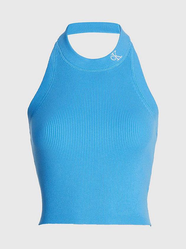 Blue Calvin Klein Cotton Knit Halter Neck Women Top | RYZK-69472