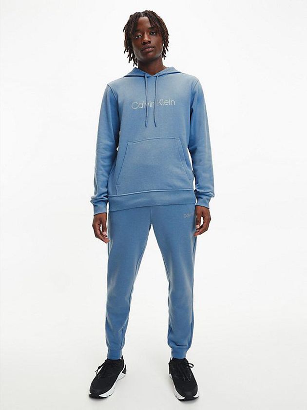 Blue Calvin Klein Cotton Terry Logo Men Hoodie | JWYV-42513