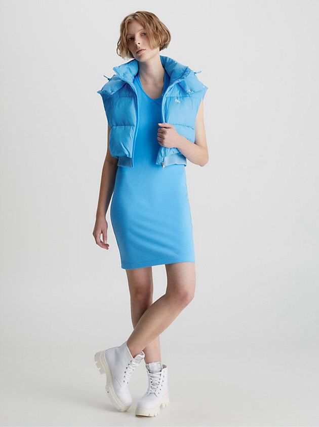 Blue Calvin Klein Cropped Hooded Puffer Women Vest | VCEB-37216