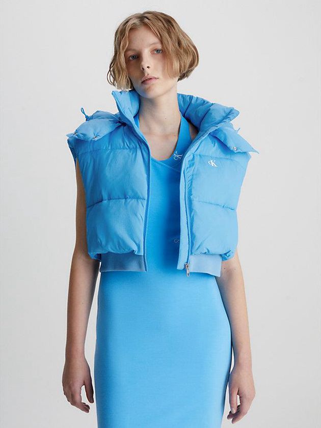 Blue Calvin Klein Cropped Hooded Puffer Women Vest | VCEB-37216