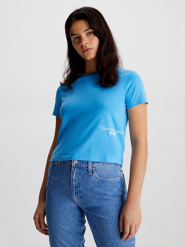 Blue Calvin Klein Cropped Logo Women T-Shirt | HCDQ-46937