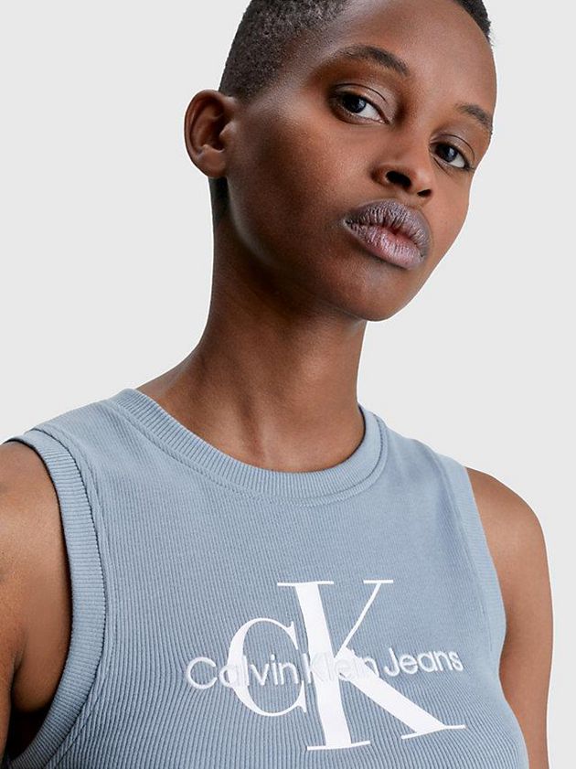 Blue Calvin Klein Cropped Monogram Tank Women Top | DTNH-51792