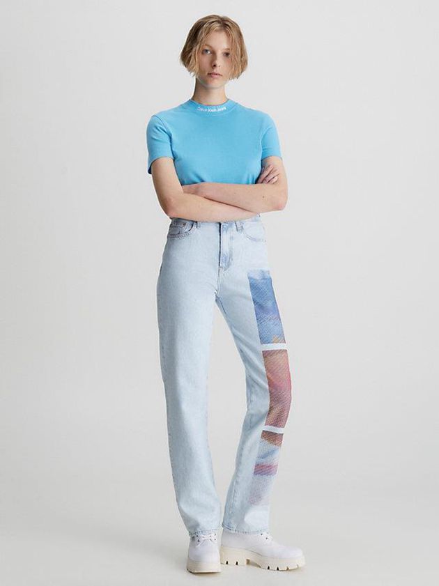 Blue Calvin Klein Logo Collar Women T-Shirt | HZYR-21067