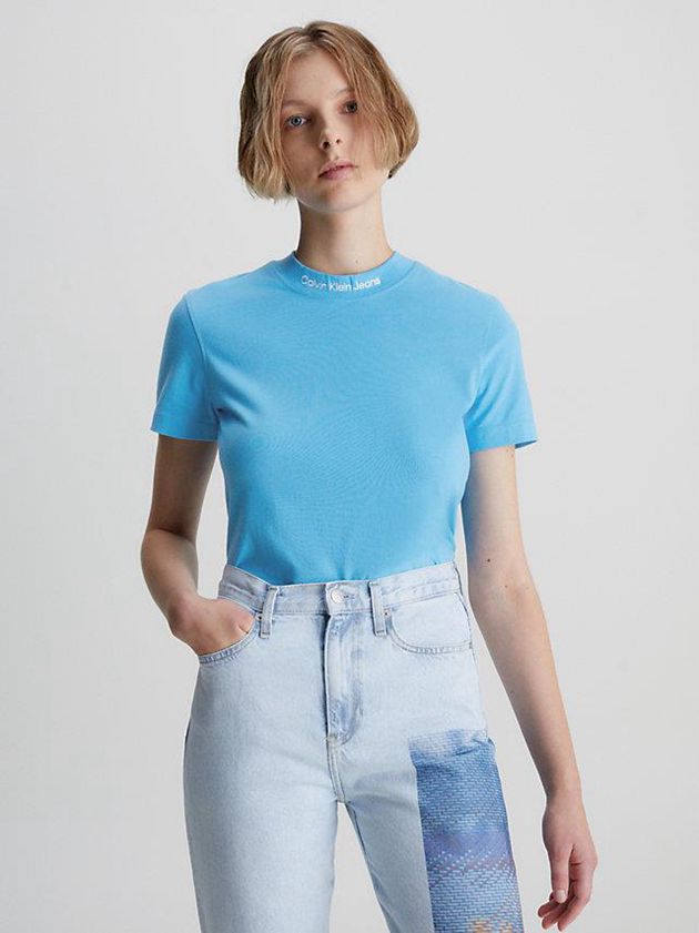 Blue Calvin Klein Logo Collar Women T-Shirt | HZYR-21067