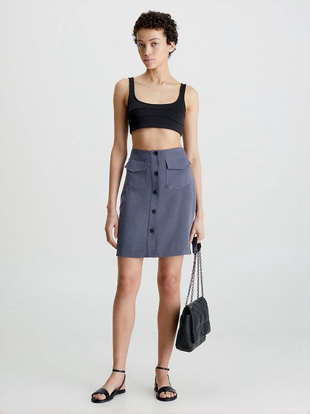 Blue Calvin Klein Lyocell Buttoned Straight Women Skirt | ASUB-50163