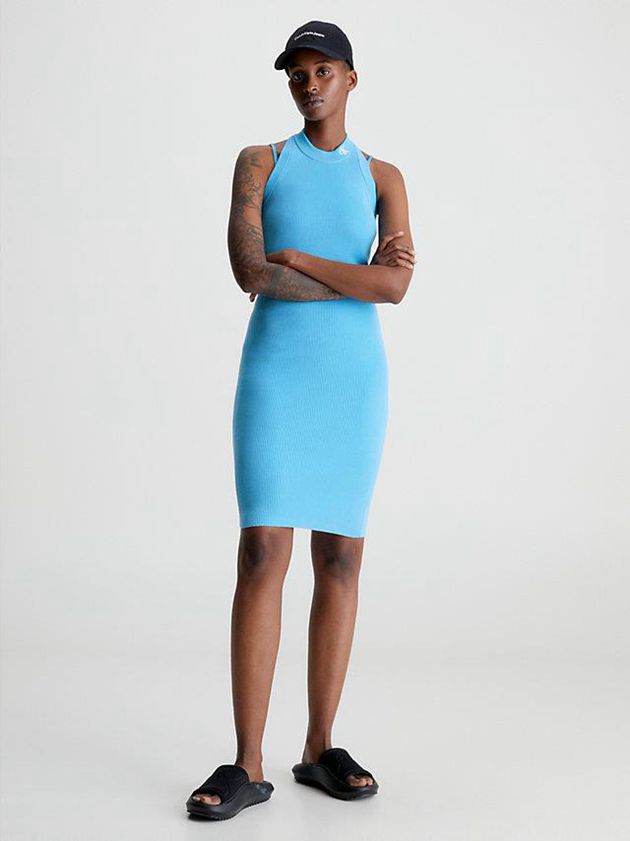 Blue Calvin Klein Organic Cotton Halter Neck Women Dress | IPEF-39248