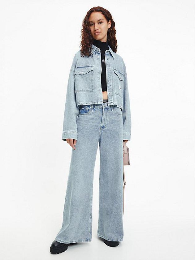 Blue Calvin Klein Oversized Cropped Denim Shirt Women Top | PZMO-59374