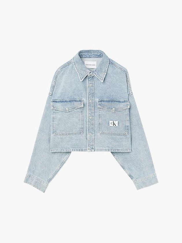 Blue Calvin Klein Oversized Cropped Denim Shirt Women Top | PZMO-59374