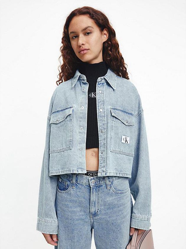 Blue Calvin Klein Oversized Cropped Denim Shirt Women Top | PZMO-59374