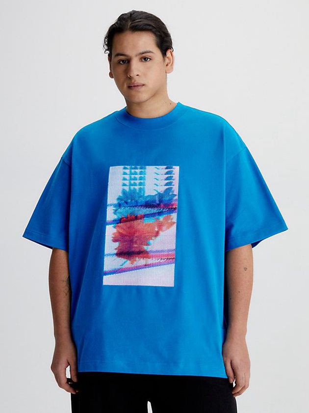 Blue Calvin Klein Oversized Embroidered Men T-Shirt | LTYM-87132