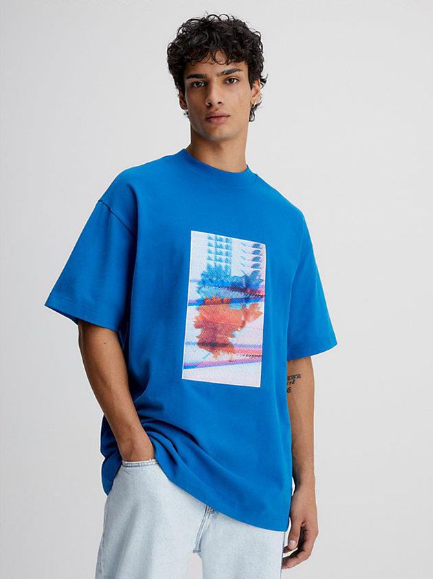 Blue Calvin Klein Oversized Embroidered Men T-Shirt | LTYM-87132