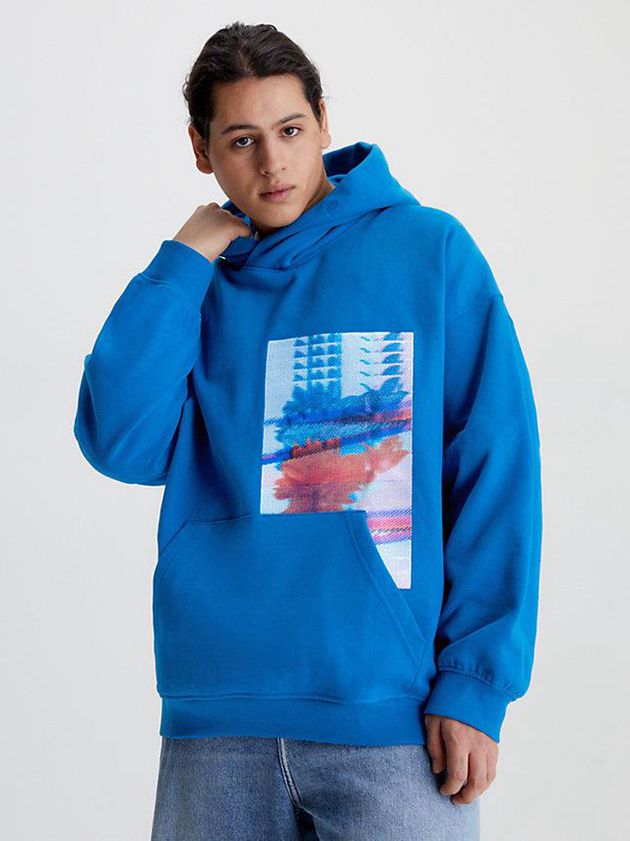 Blue Calvin Klein Oversized Embroidered Men Hoodie | WGVQ-93162