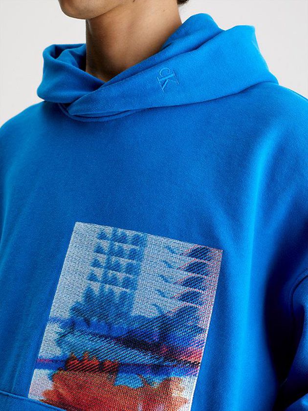 Blue Calvin Klein Oversized Embroidered Men Hoodie | WGVQ-93162