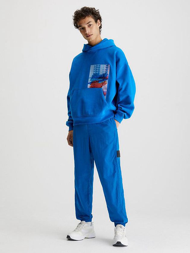 Blue Calvin Klein Oversized Embroidered Men Hoodie | WGVQ-93162