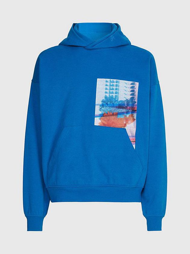 Blue Calvin Klein Oversized Embroidered Men Hoodie | WGVQ-93162