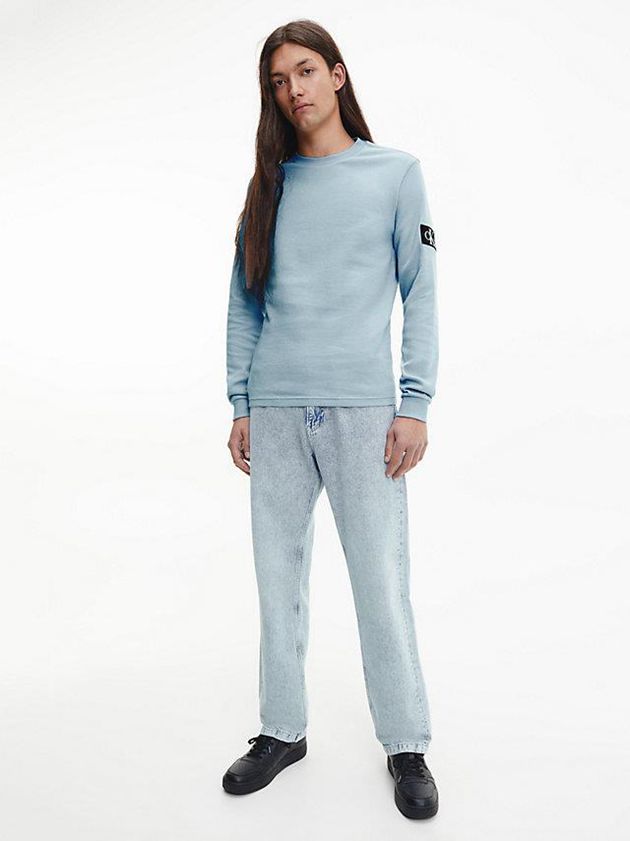 Blue Calvin Klein Slim Long Sleeve Badge Men T-Shirt | EOWP-08365