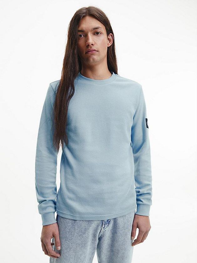 Blue Calvin Klein Slim Long Sleeve Badge Men T-Shirt | EOWP-08365