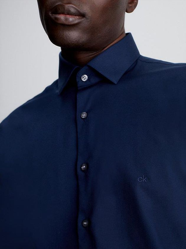 Blue Calvin Klein Slim Poplin Stretch Men Shirts | DUBT-48102