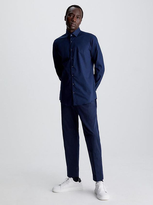 Blue Calvin Klein Slim Poplin Stretch Men Shirts | DUBT-48102