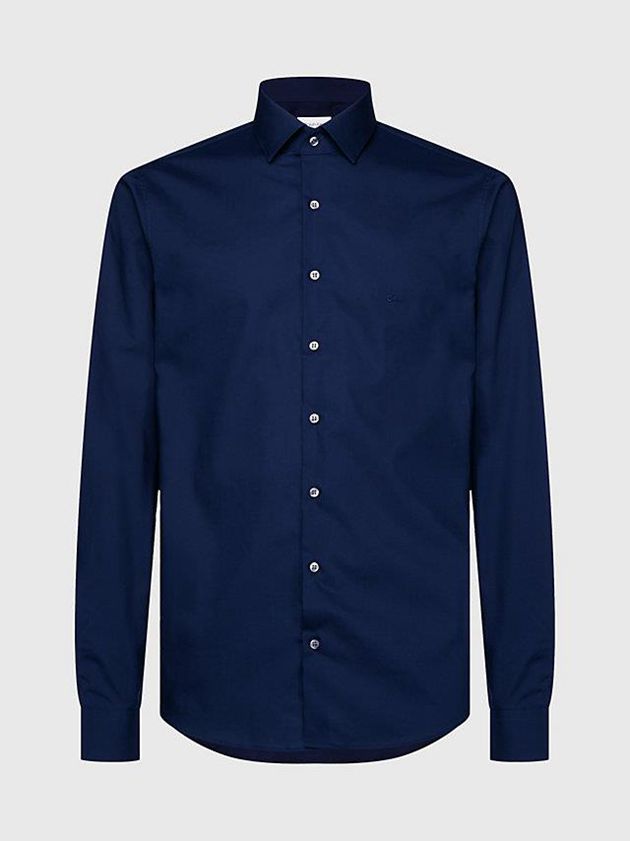 Blue Calvin Klein Slim Poplin Stretch Men Shirts | DUBT-48102
