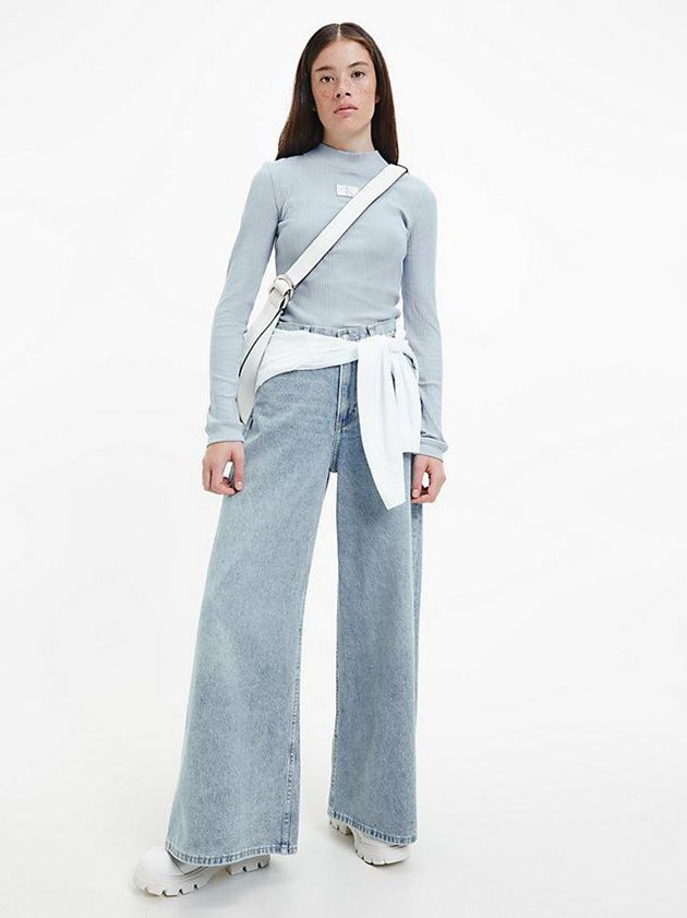 Blue Calvin Klein Slim Ribbed Long Sleeve Women Top | PHBI-58321