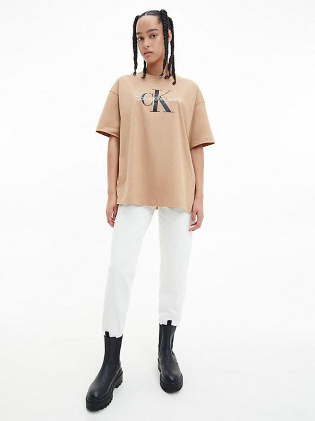 Brown Calvin Klein Organic Cotton Monogram Women T-Shirt | EHFM-15623