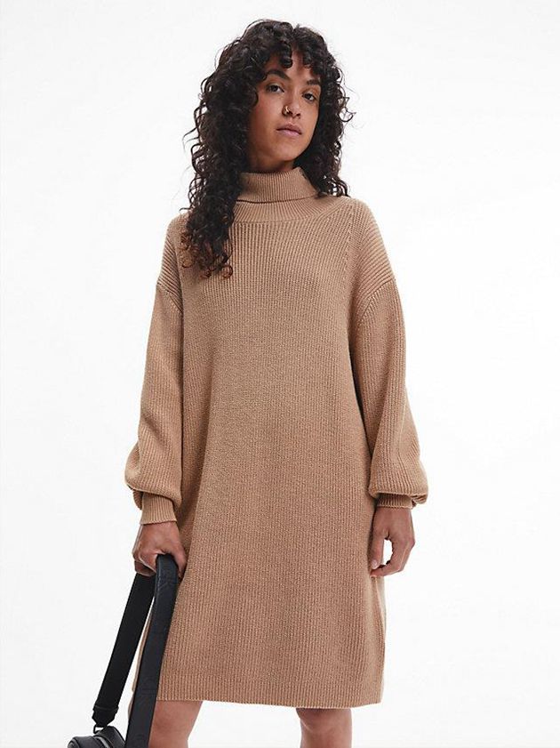 Brown Calvin Klein Organic Cotton Roll Neck Jumper Women Dress | YAGL-46097