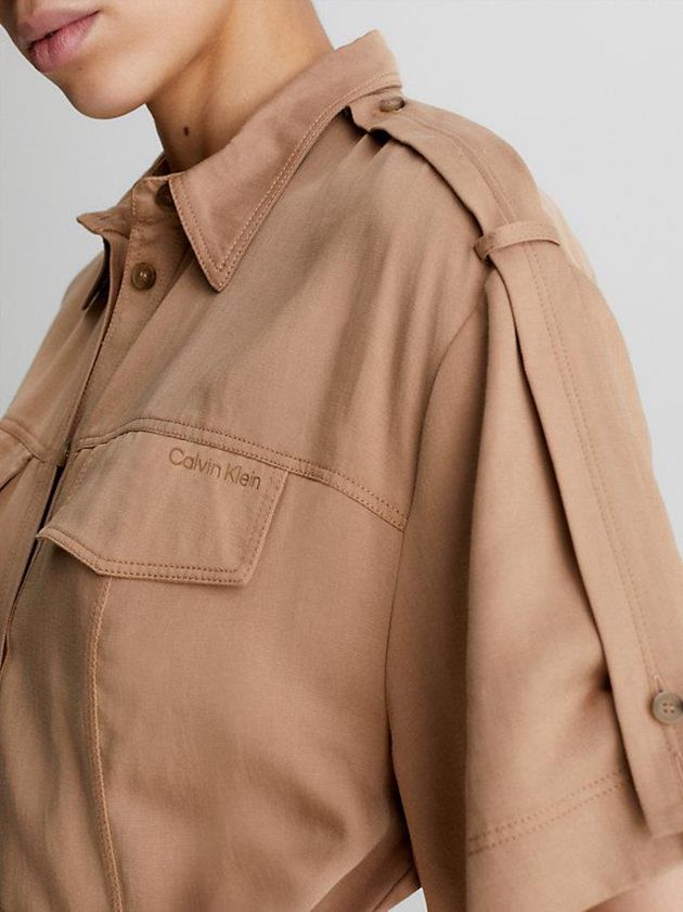 Brown Calvin Klein Relaxed Tencel Linen Shirt Women Dress | LPAI-10749