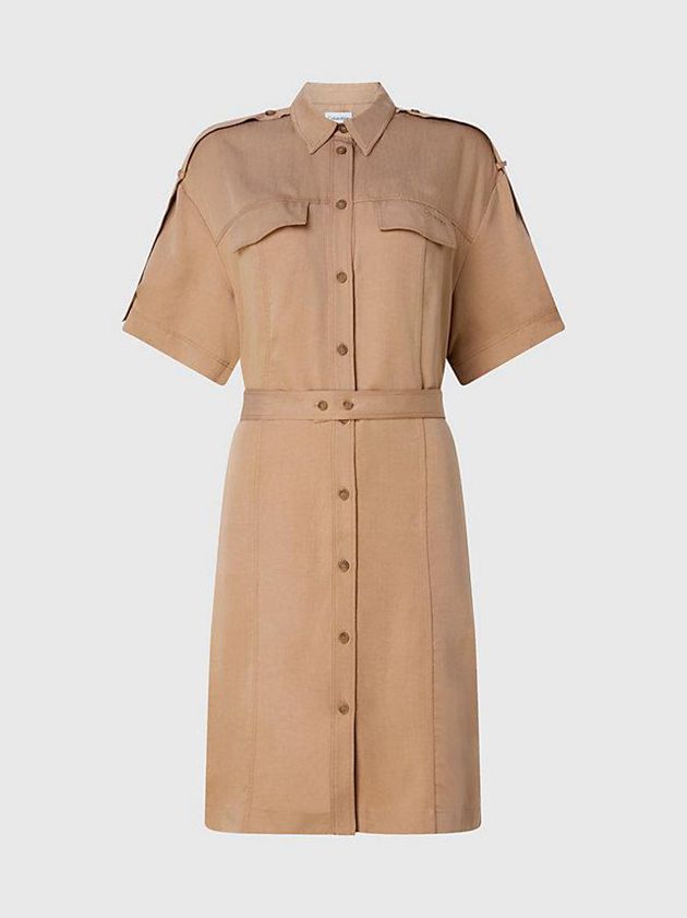 Brown Calvin Klein Relaxed Tencel Linen Shirt Women Dress | LPAI-10749