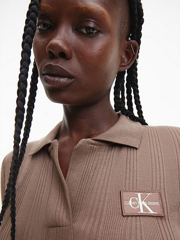 Brown Calvin Klein Rib-Knit Long Sleeve Polo Women Dress | VHMI-98657