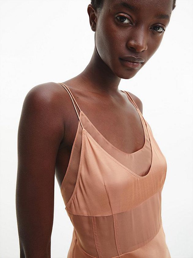 Brown Calvin Klein Slim Sheer Layered Slip Women Dress | ABUX-96310