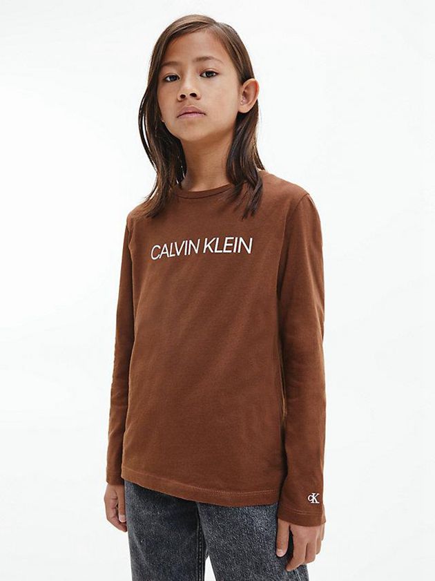 Brown Calvin Klein Unisex Long Sleeve Girls's T-Shirt | DNQT-24673