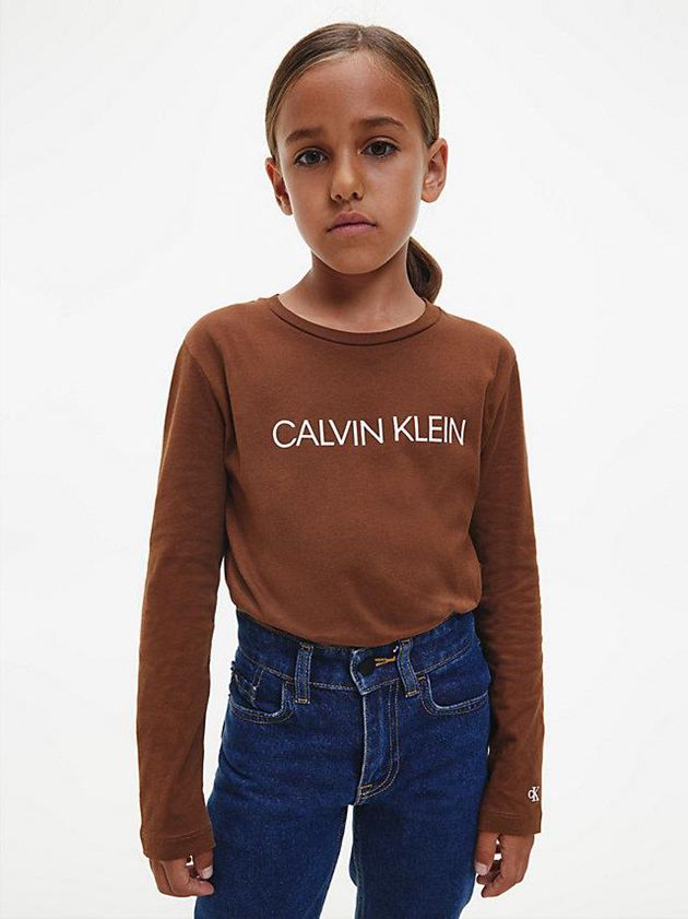 Brown Calvin Klein Unisex Long Sleeve Girls's T-Shirt | DNQT-24673