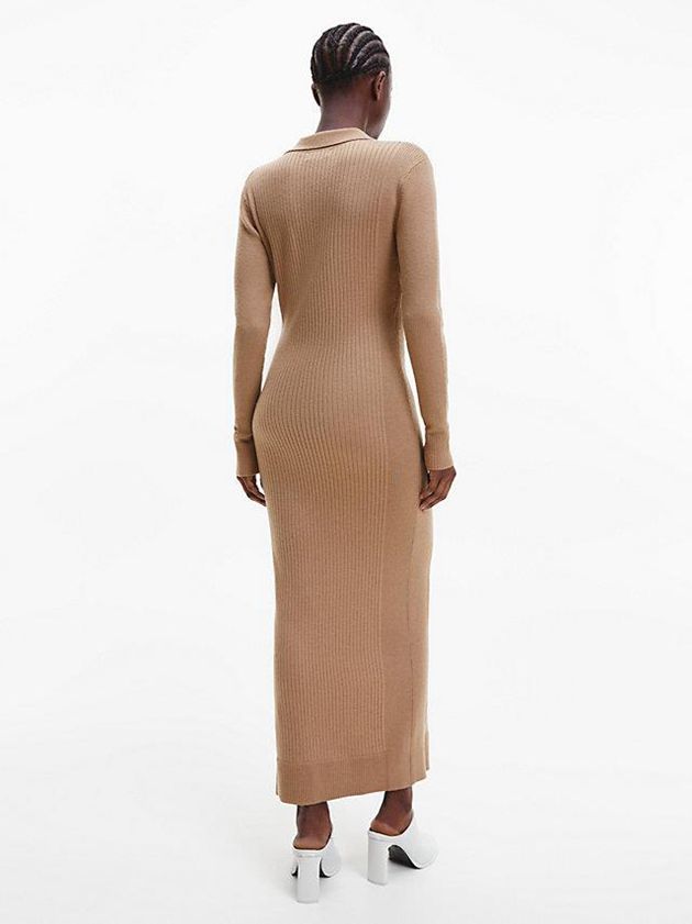 Brown Calvin Klein Wool Lyocell Ribbed Women Dress | MBLU-89765