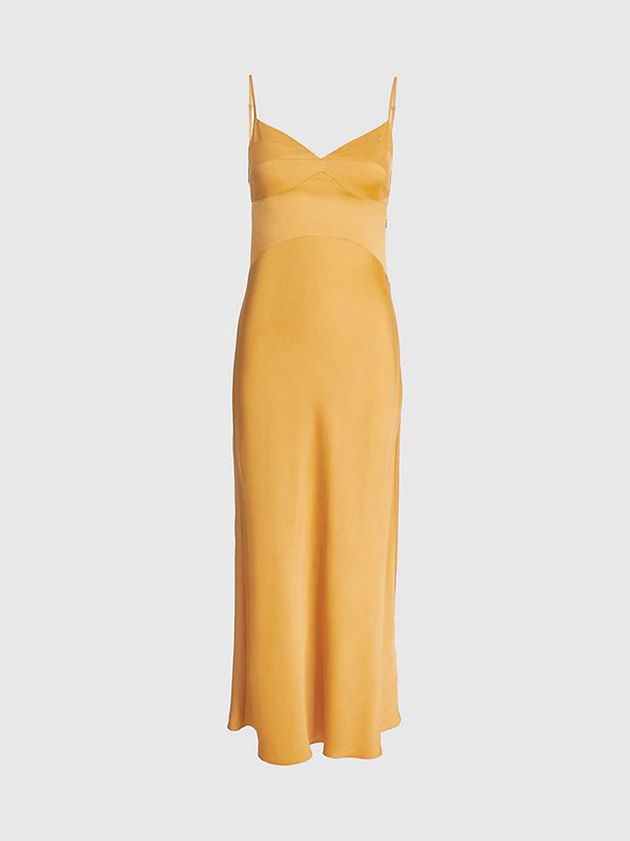 Gold Calvin Klein Slim Midi Satin Slip Women Dress | VYIK-73546