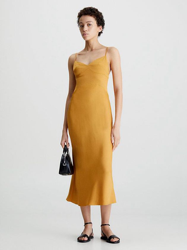 Gold Calvin Klein Slim Midi Satin Slip Women Dress | VYIK-73546