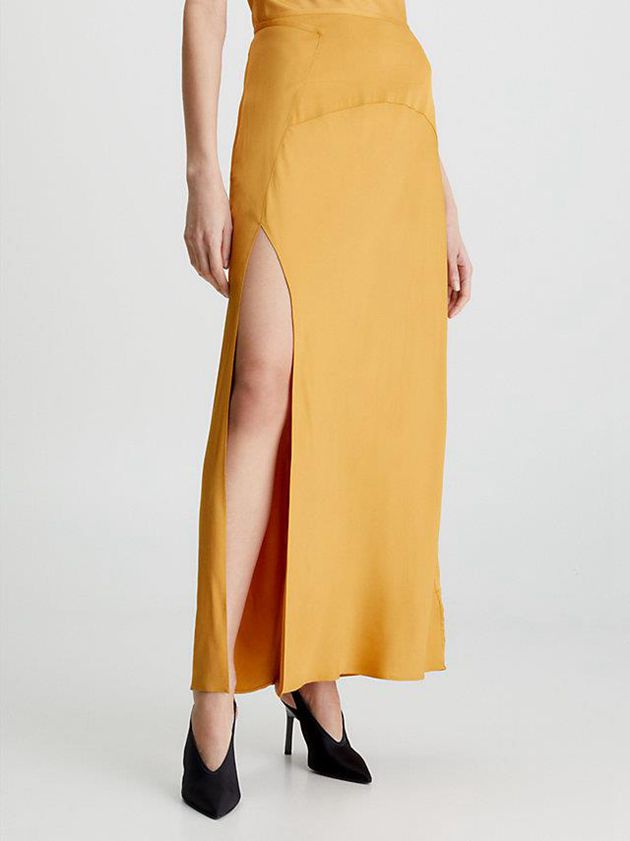 Gold Calvin Klein Slim Satin Maxi Women Skirt | ROTV-82501