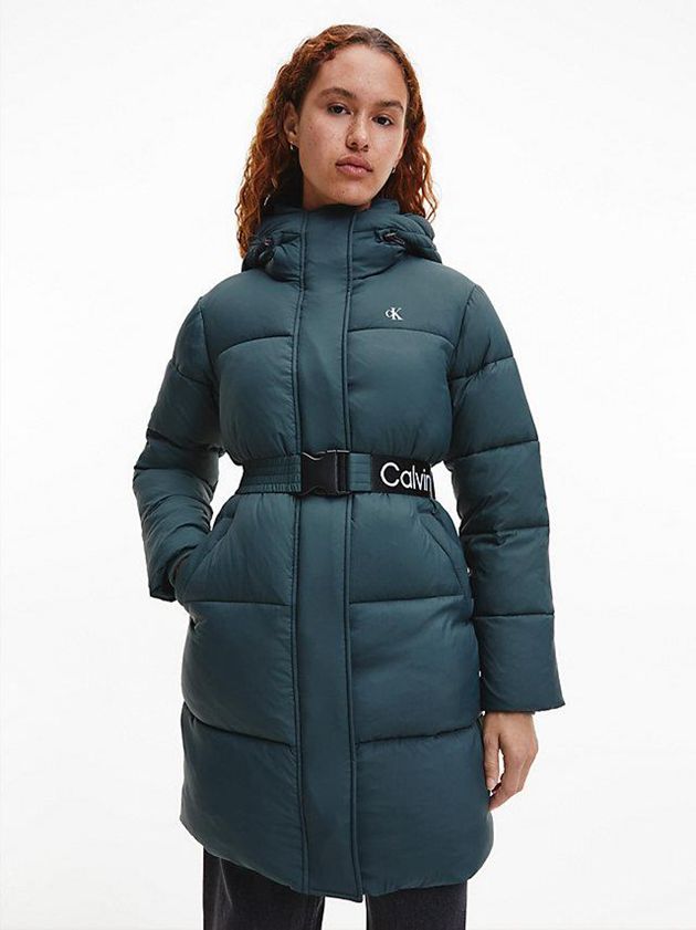 Green Calvin Klein Nylon Belted Puffer Women Coat | WTLO-07912