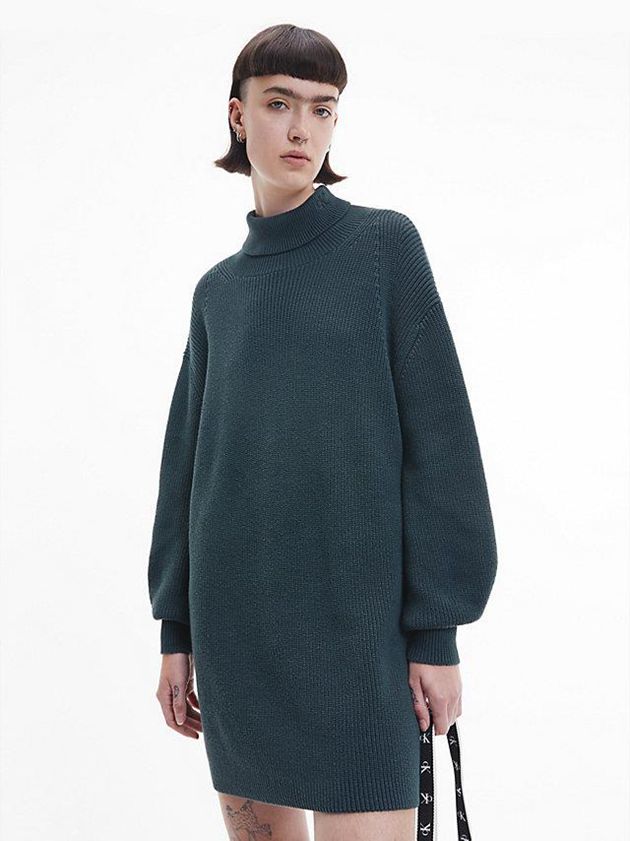 Green Calvin Klein Organic Cotton Roll Neck Jumper Women Dress | OZRV-85074