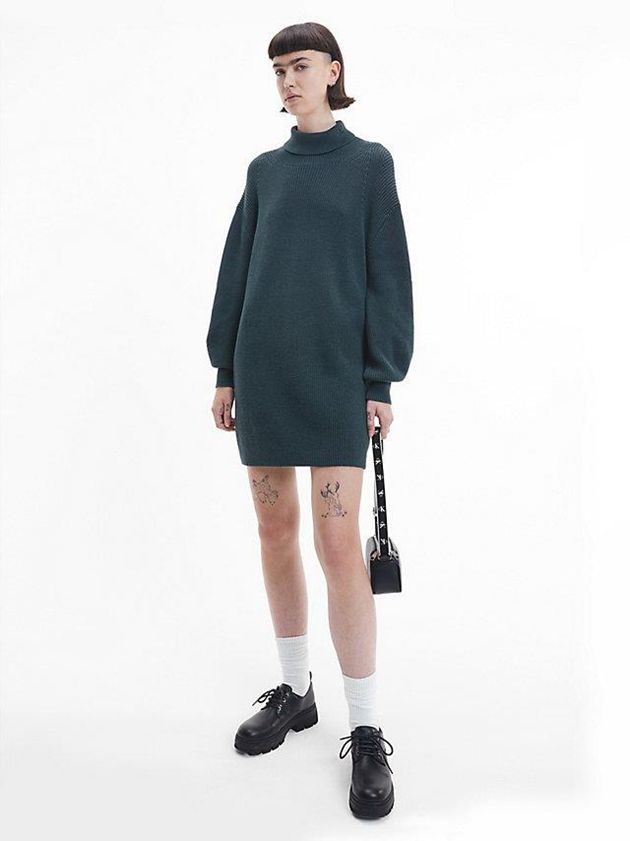 Green Calvin Klein Organic Cotton Roll Neck Jumper Women Dress | OZRV-85074