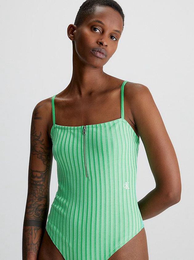 Green Calvin Klein Ribbed Jersey Zip Up Women Bodysuit | SVUT-26038