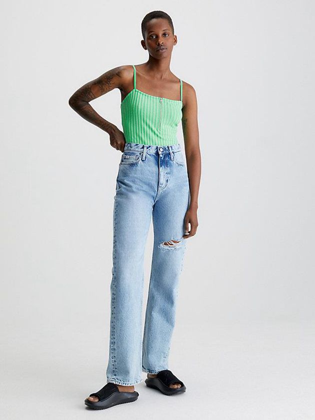 Green Calvin Klein Ribbed Jersey Zip Up Women Bodysuit | SVUT-26038