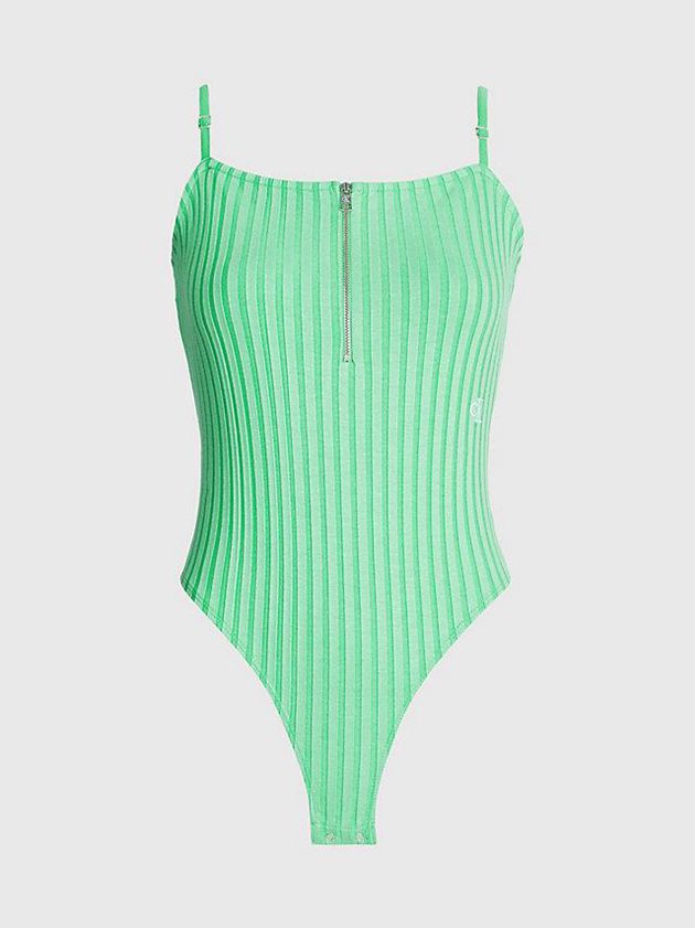 Green Calvin Klein Ribbed Jersey Zip Up Women Bodysuit | SVUT-26038