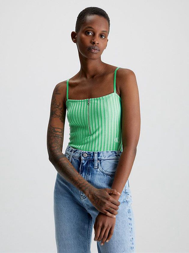 Green Calvin Klein Ribbed Jersey Zip Up Women Bodysuit | SVUT-26038