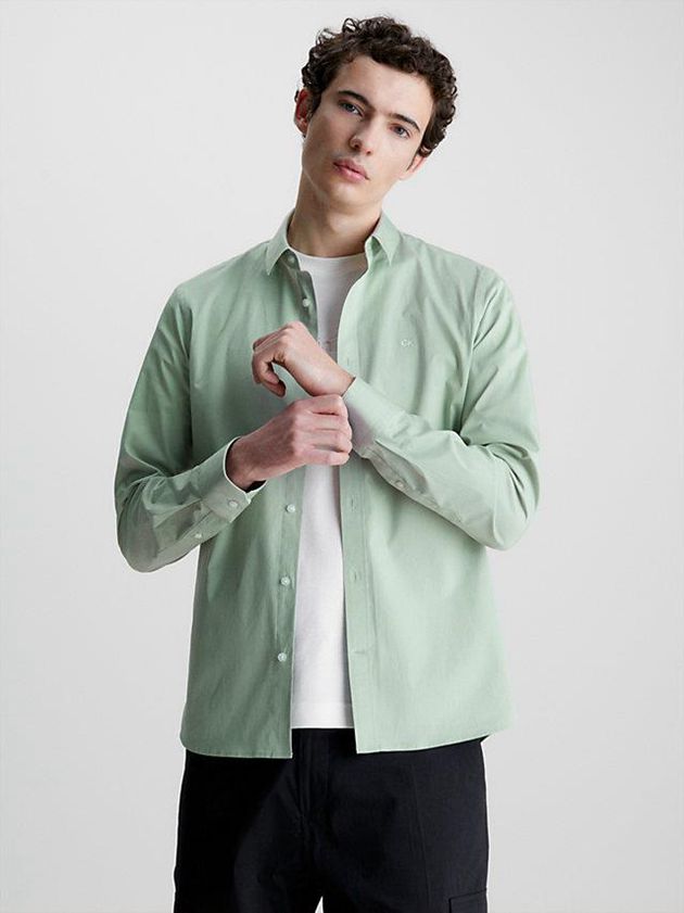 Green Calvin Klein Slim Poplin Stretch Men Shirts | QOWA-80641