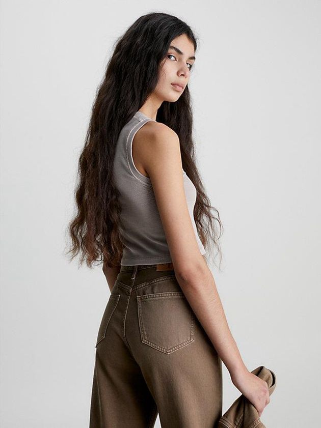 Grey Calvin Klein Cropped Monogram Tank Women Top | QKIJ-95762