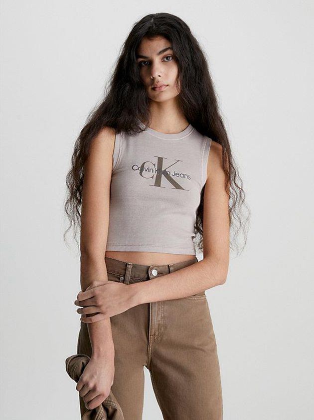 Grey Calvin Klein Cropped Monogram Tank Women Top | QKIJ-95762